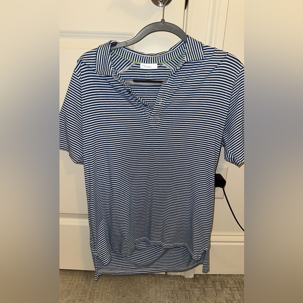 Tasc Men’s Could Galactic Blue Heather and White Striped Polo- Medium